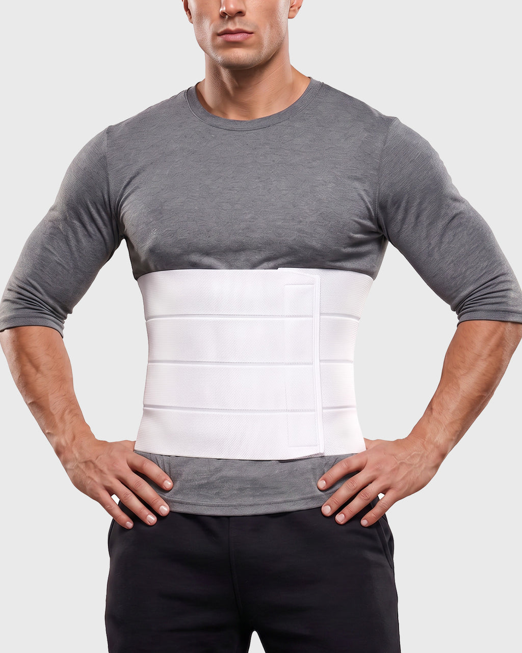 Frank Stubbs Universal 12-Inch Abdominal Binder on male model, front view, providing full abdominal compression and post-surgical support