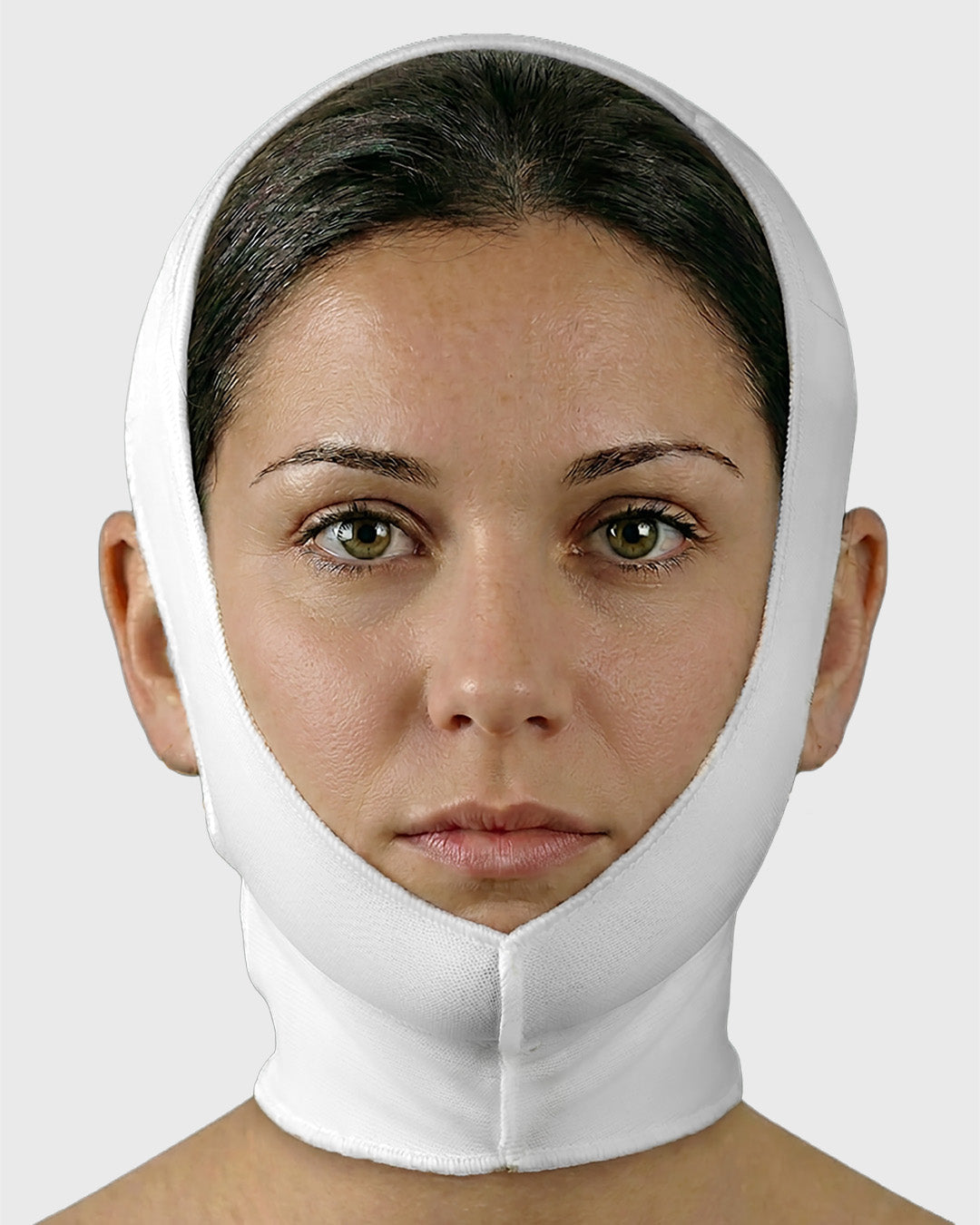 Universal facial garment for post-surgical compression and jawline support front view