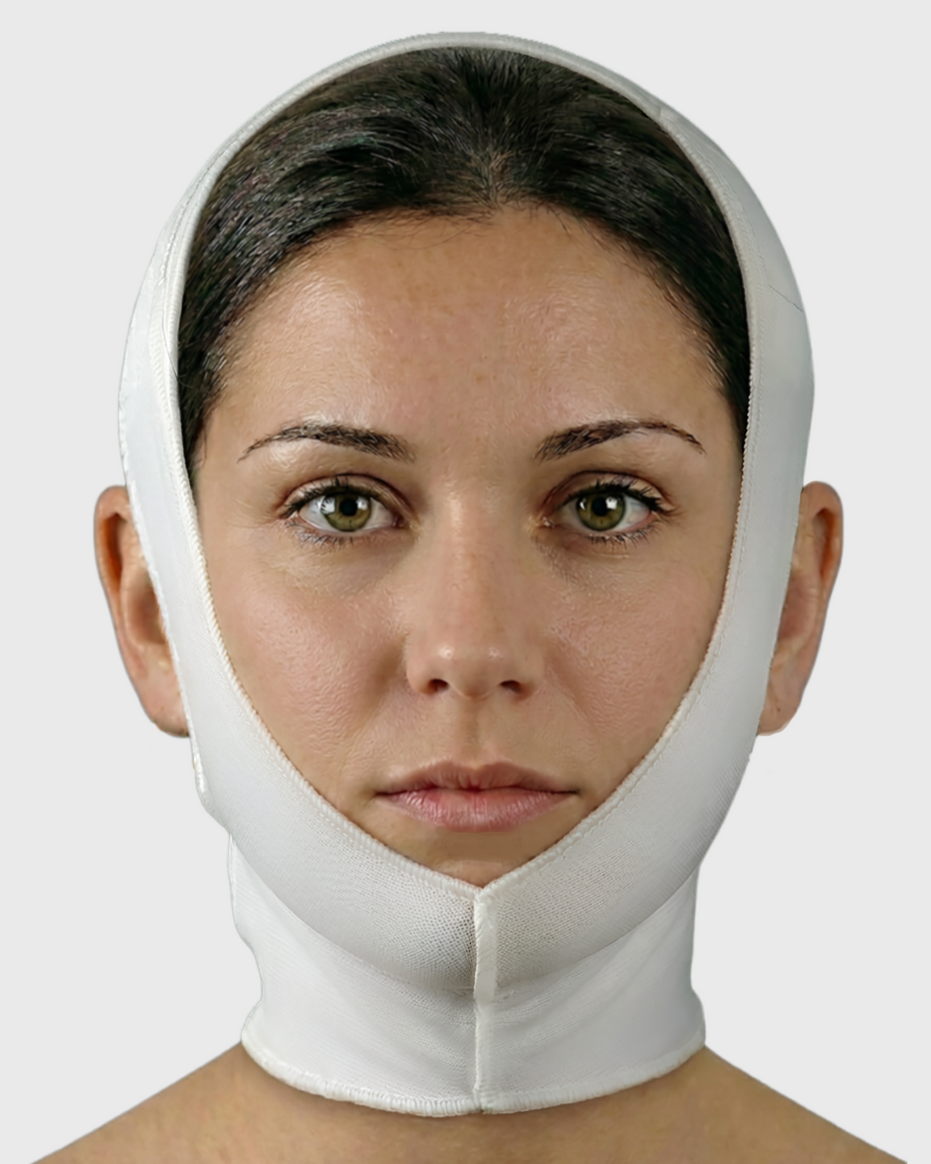 Universal facial garment for post-surgical compression and jawline support front view
