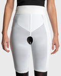 Front view of white above knee compression girdle with contact closure and front zipper for post-surgical recovery