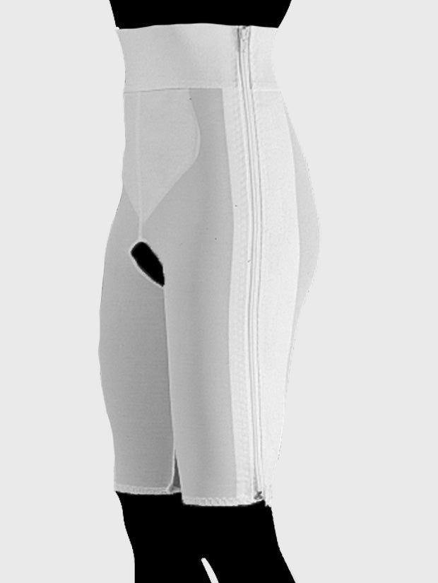 Side view of white above knee compression girdle with contact closure for post op compression