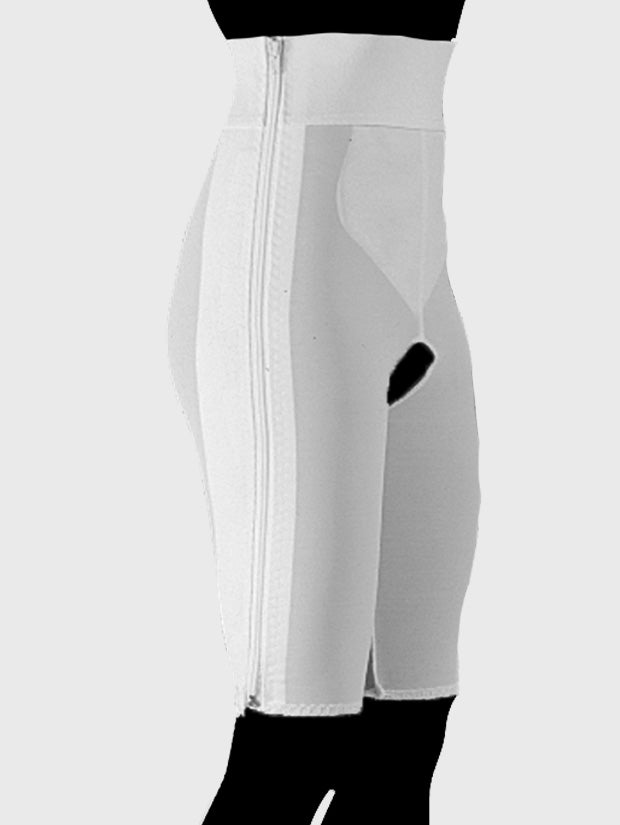 Side view of white above knee compression girdle with contact closure for post op compression