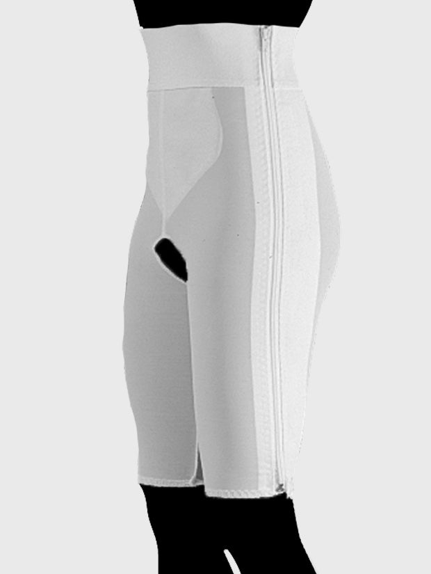 Side view of white above knee compression girdle with hook and eye closure showing smooth contour for post op recovery