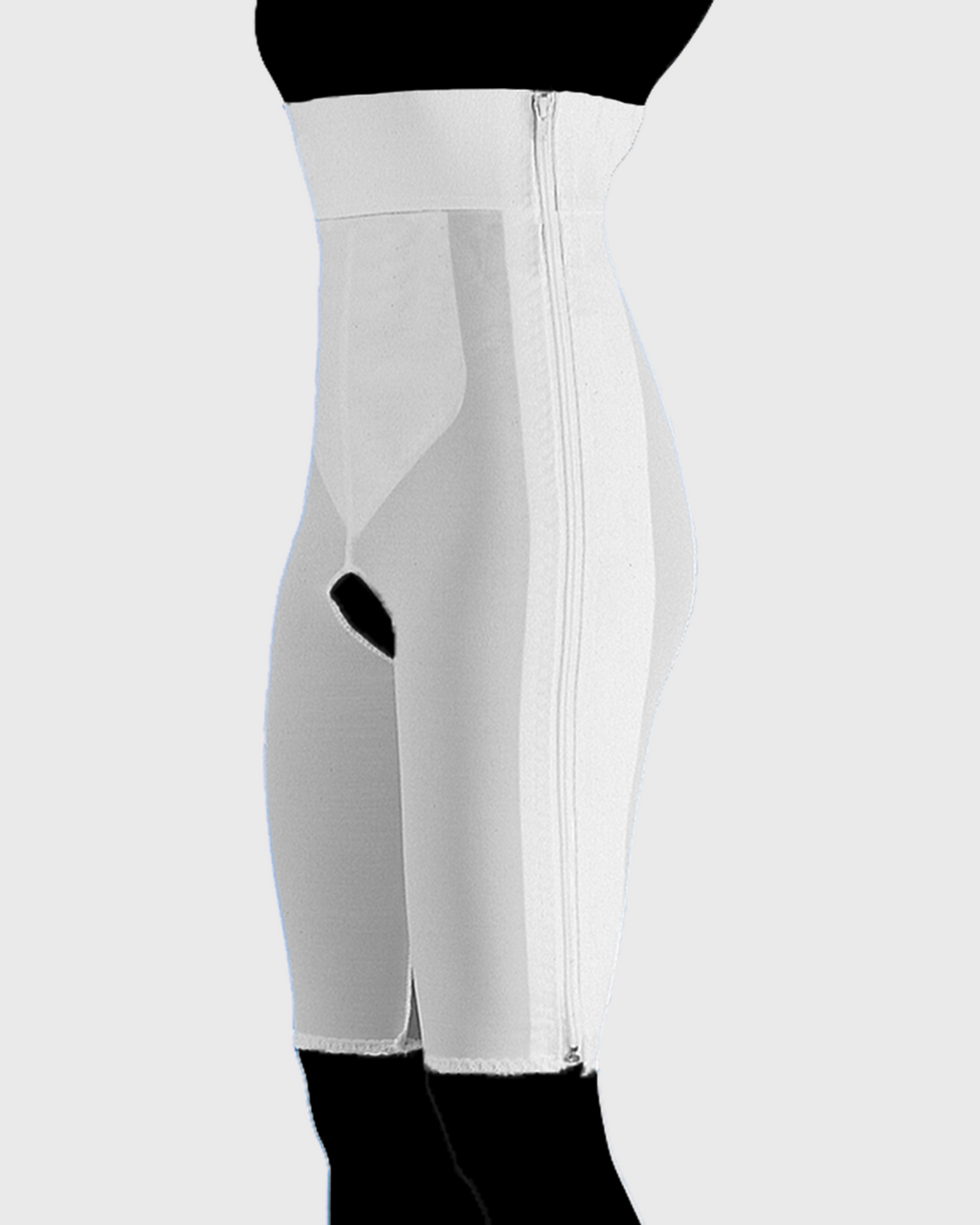 Front view of white high waist above knee compression girdle with hook and eye closure for post op recovery