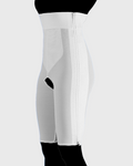 Front view of white high waist above knee compression girdle with hook and eye closure for post op recovery