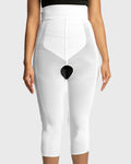 Front view of white high waist below knee compression girdle with hook and eye closure and front zipper for post-surgical recovery