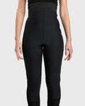 Front view of black high waist below knee compression girdle with hook and eye closure and front zipper for post-surgical recovery