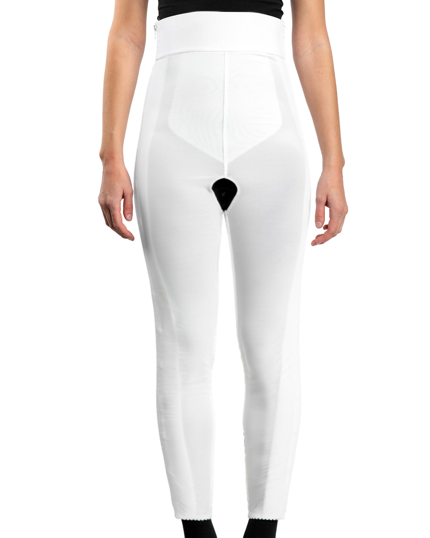Front view of white high waist ankle length compression girdle with hook and eye closure and front zipper for full leg post-surgical recovery