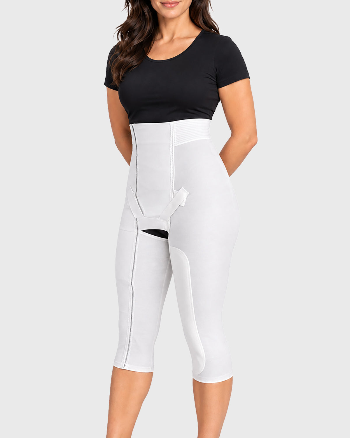 Front view of full contact closure compression girdle for post-surgical medical recovery