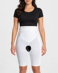 Front view of white above knee compression girdle with contact closure and front zipper for post-surgical recovery