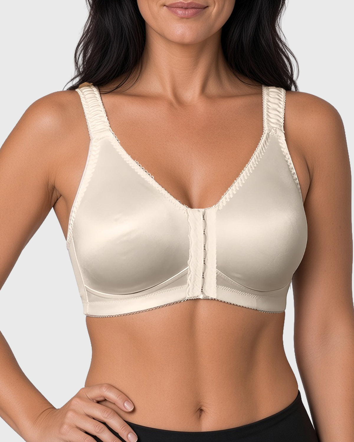 Model wearing beige compression bra for post-operative breast support