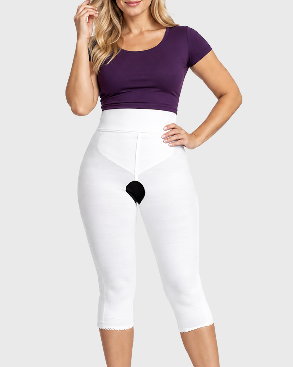 Front view of white below knee compression girdle with contact closure and front zipper for post-surgical recovery