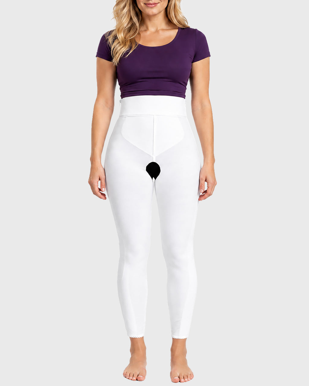 Front view of white high waist ankle length compression girdle with hook and eye closure and front zipper for full leg post-surgical recovery