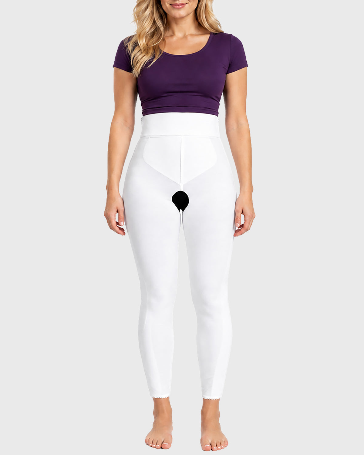 Front view of white high waist ankle length compression girdle with hook and eye closure and front zipper for full leg post-surgical recovery