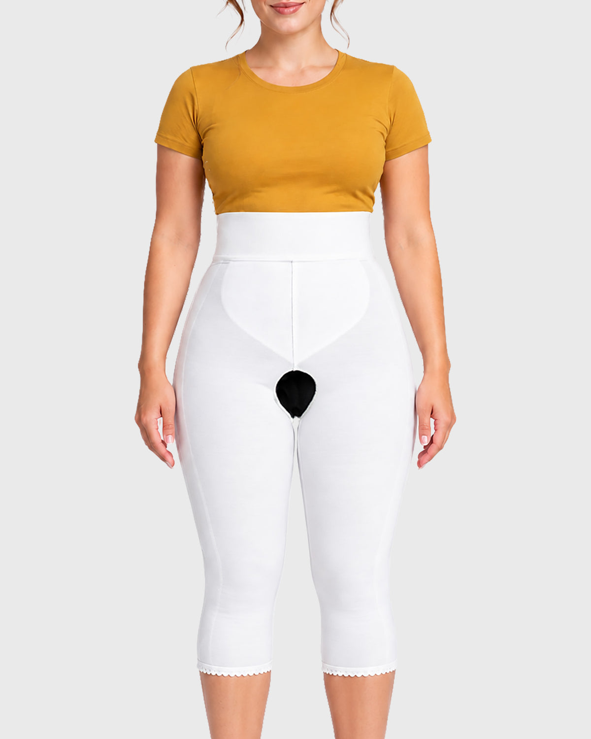 Front view of white high waist below knee compression girdle with contact closure and front zipper for post-surgical recovery