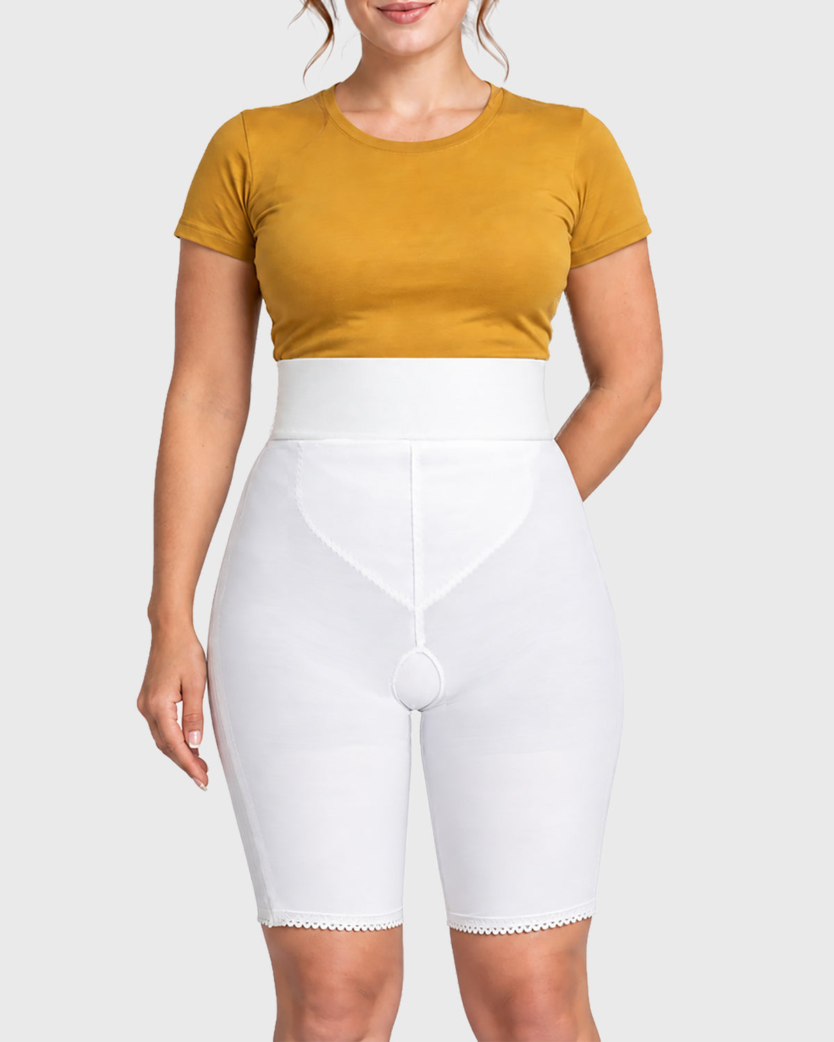 Front view of white above knee 2nd stage compression girdle for post-surgical recovery
