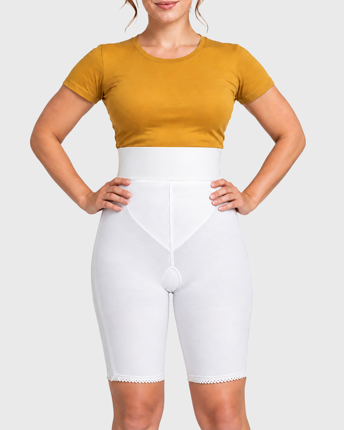 Front view of white high waist above knee 2nd stage compression girdle for post-surgical recovery