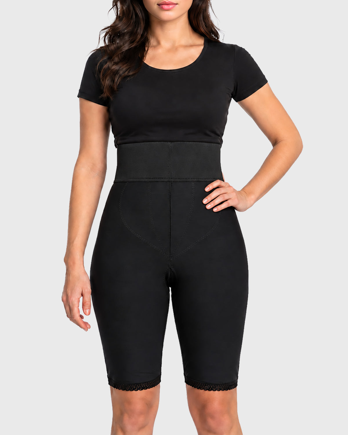 Front view of black high waist above knee 2nd stage compression girdle for post-surgical recovery
