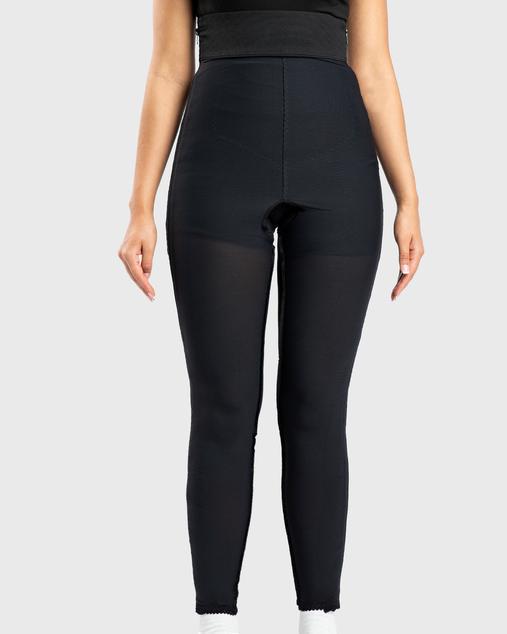 Front view of black high waist ankle length compression girdle with hook and eye closure and front zipper for post-surgical recovery