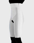 Front view of white high waist above knee compression girdle with contact closure and front zipper for post-surgical recovery
