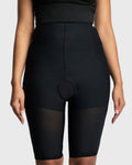 Front view of black high waist above knee compression girdle with hook and eye closure and front zipper for post-surgical recovery