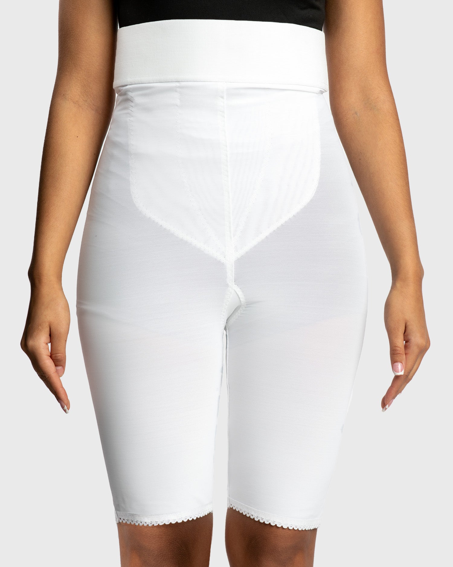 Front view of white above knee 2nd stage compression girdle for post-surgical recovery