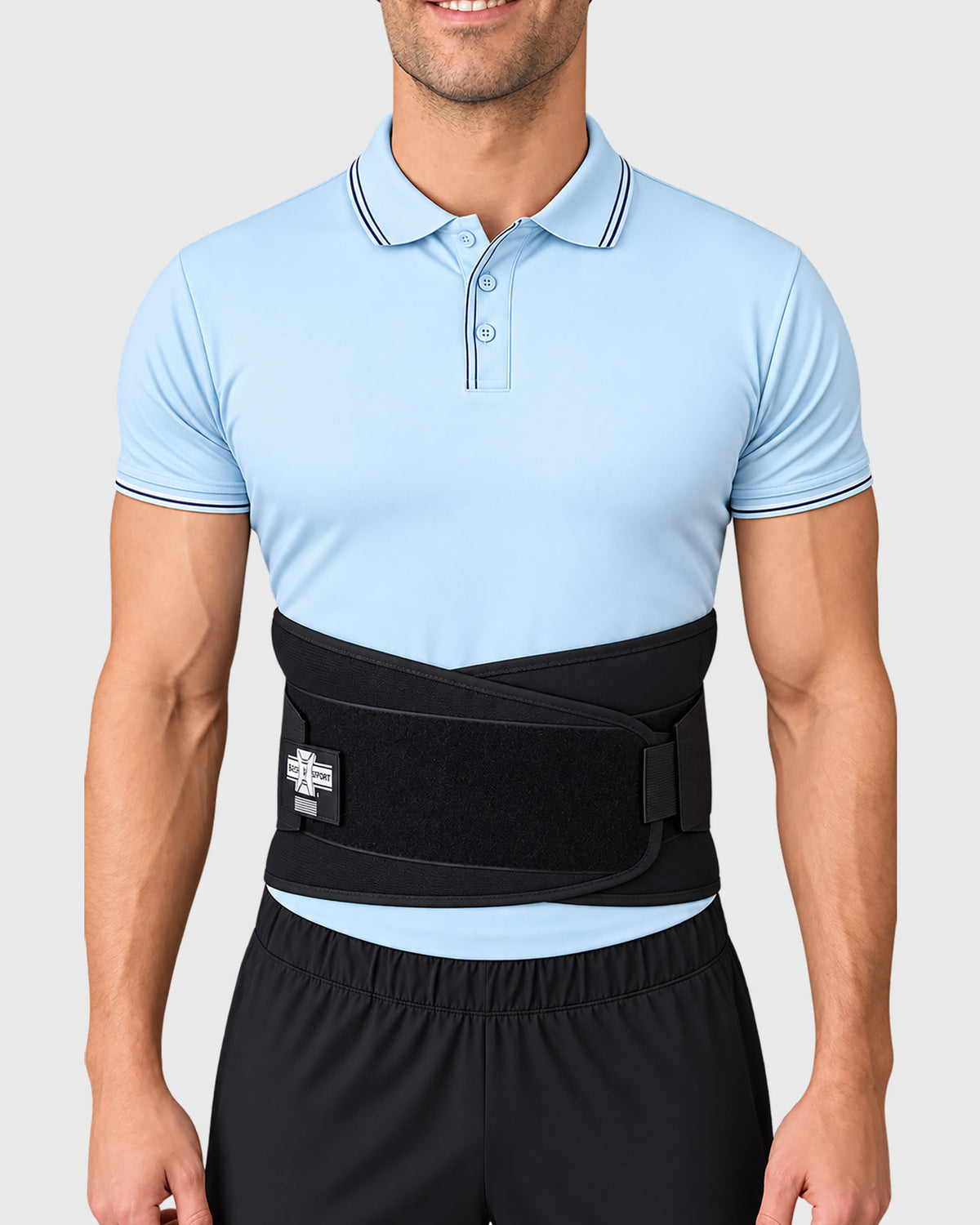 Front view of industrial lumbar support belt with with double-pull tension straps