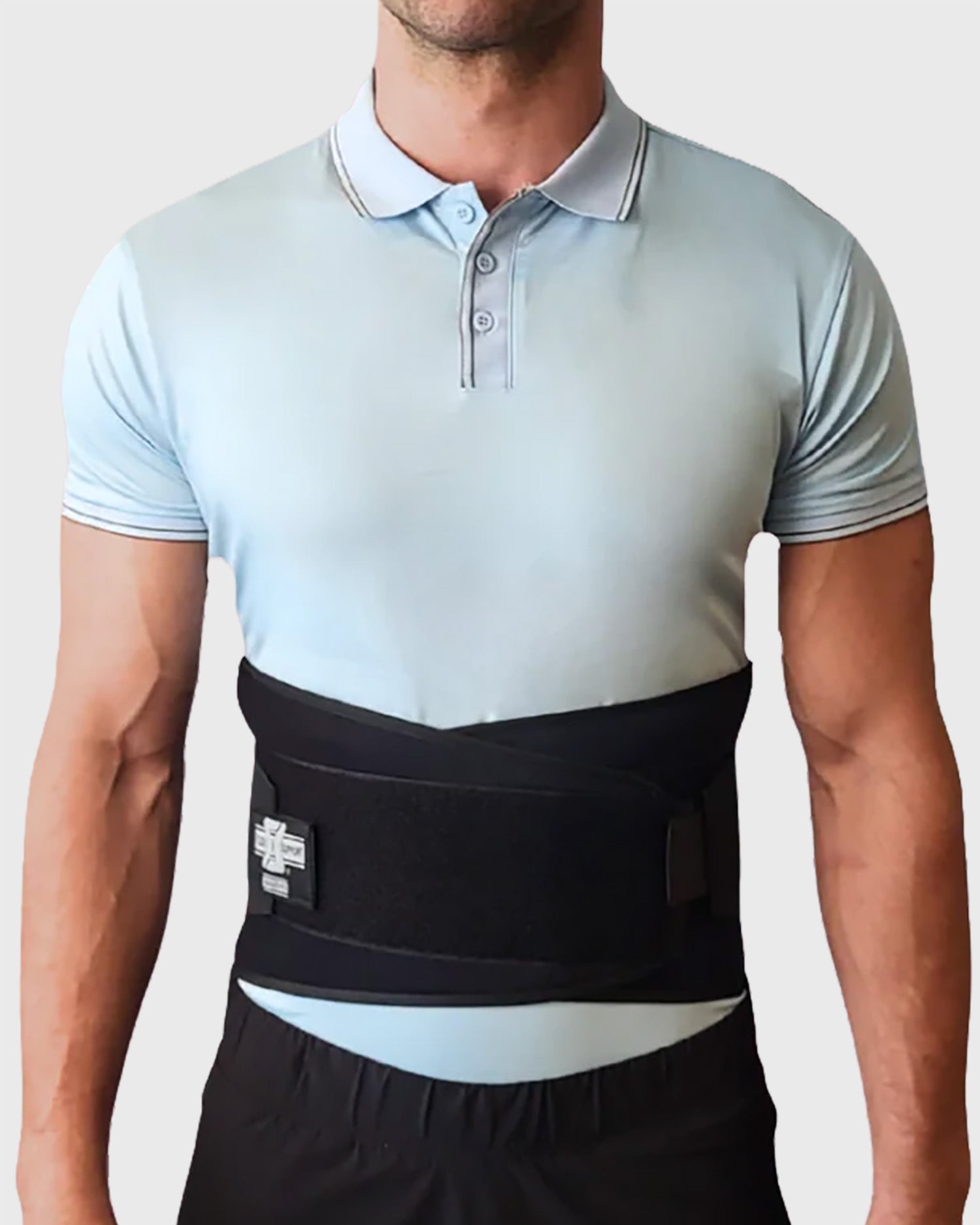 Front view of industrial lumbar support belt with with double-pull tension straps.