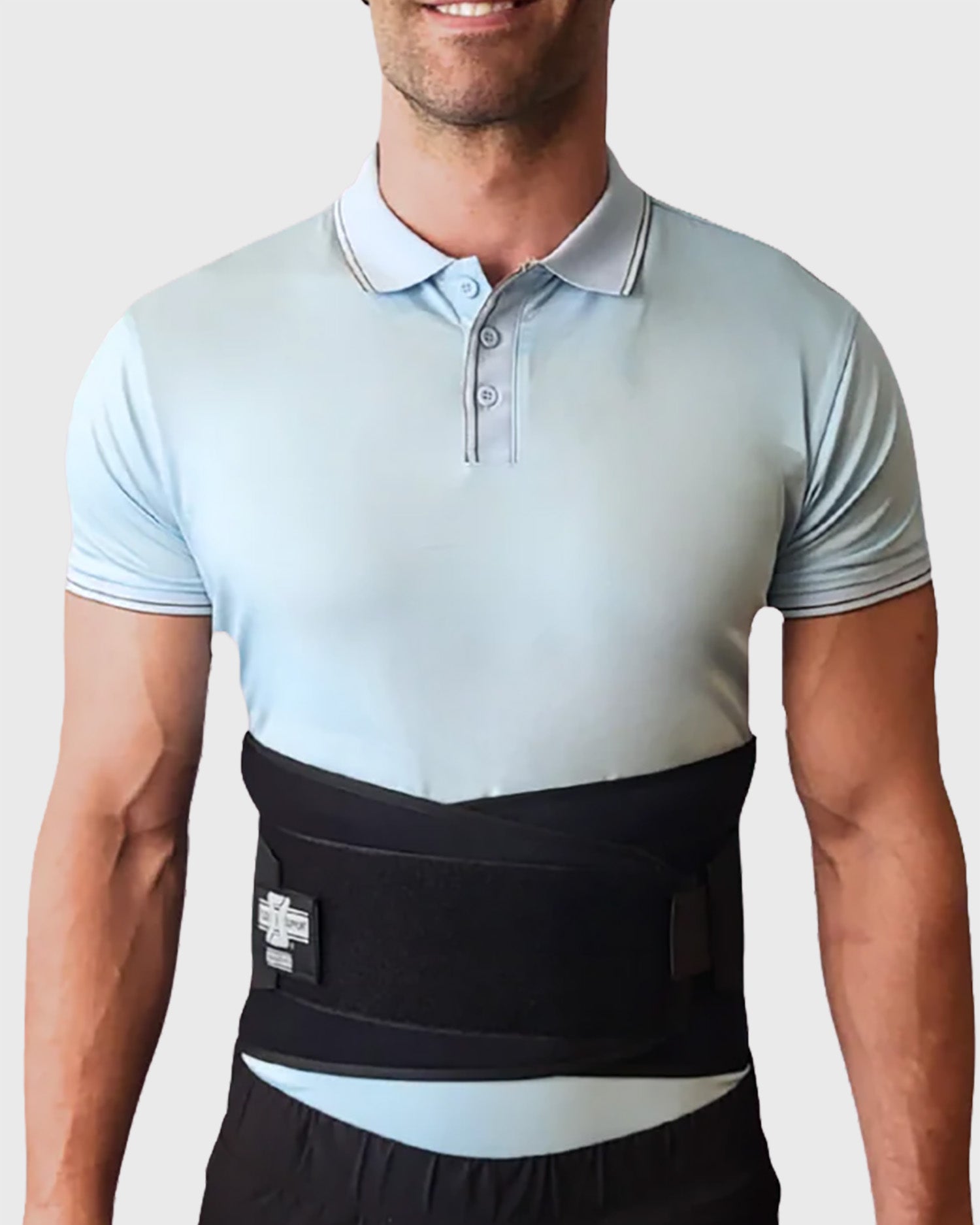Front view of industrial lumbar support belt with with double-pull tension straps