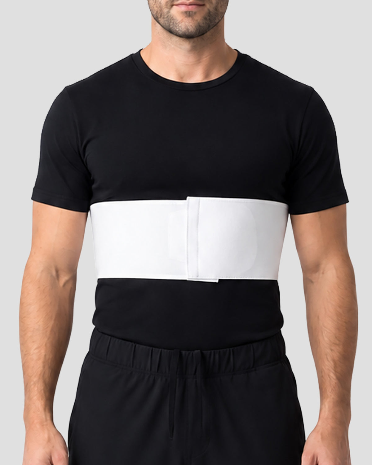 Front view of 6-inch male rib belt with adjustable contact closure for rib injury support and chest compression