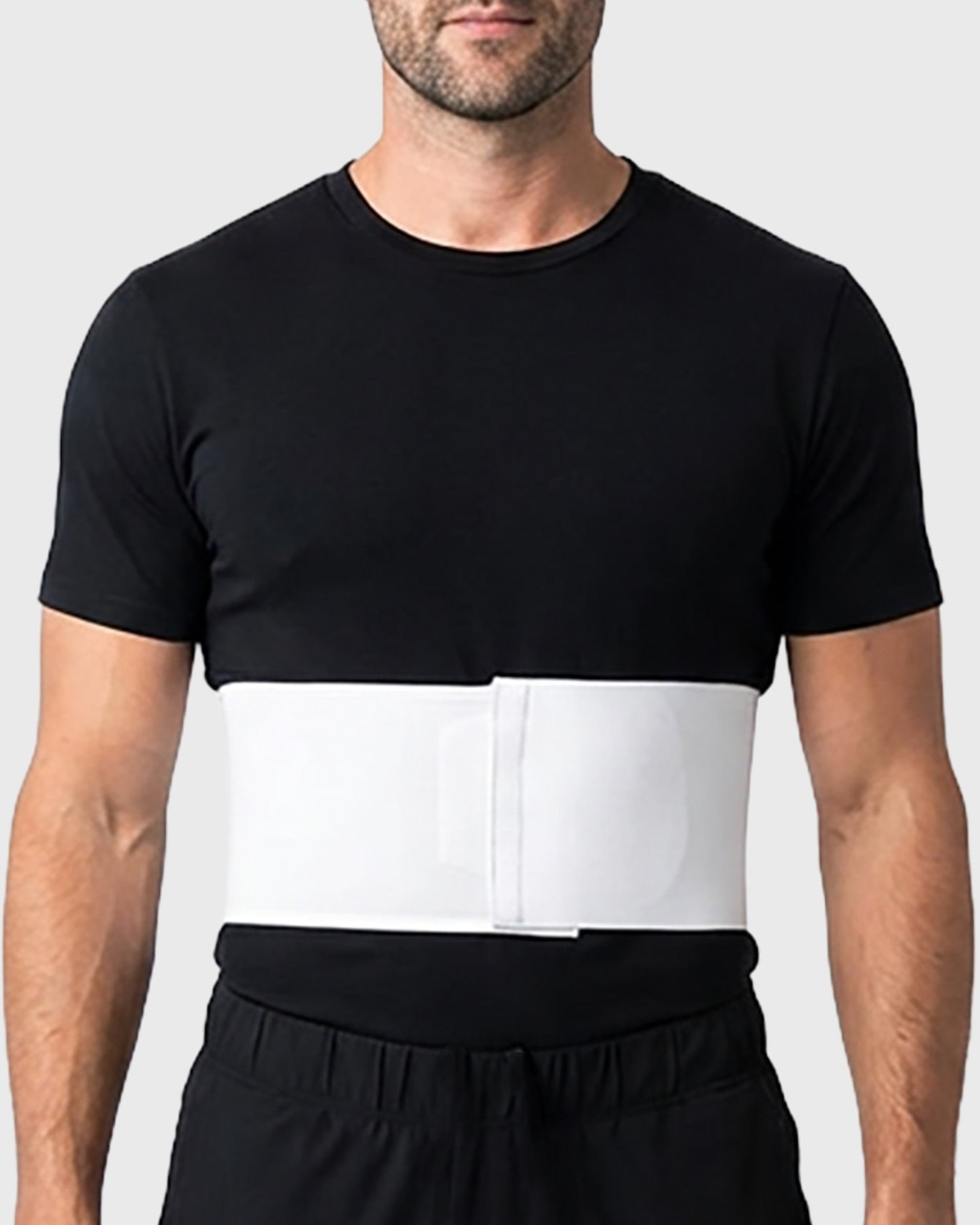 Front view of 6-inch male rib belt with adjustable contact closure for rib injury support and chest compression