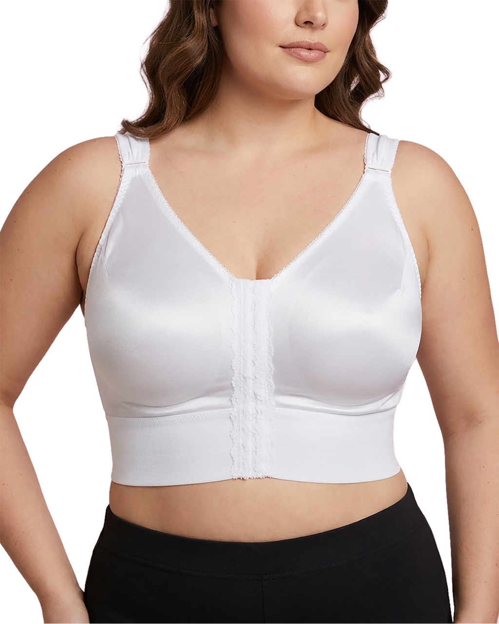 Plus-size model wearing white longline compression bra for post-operative recovery