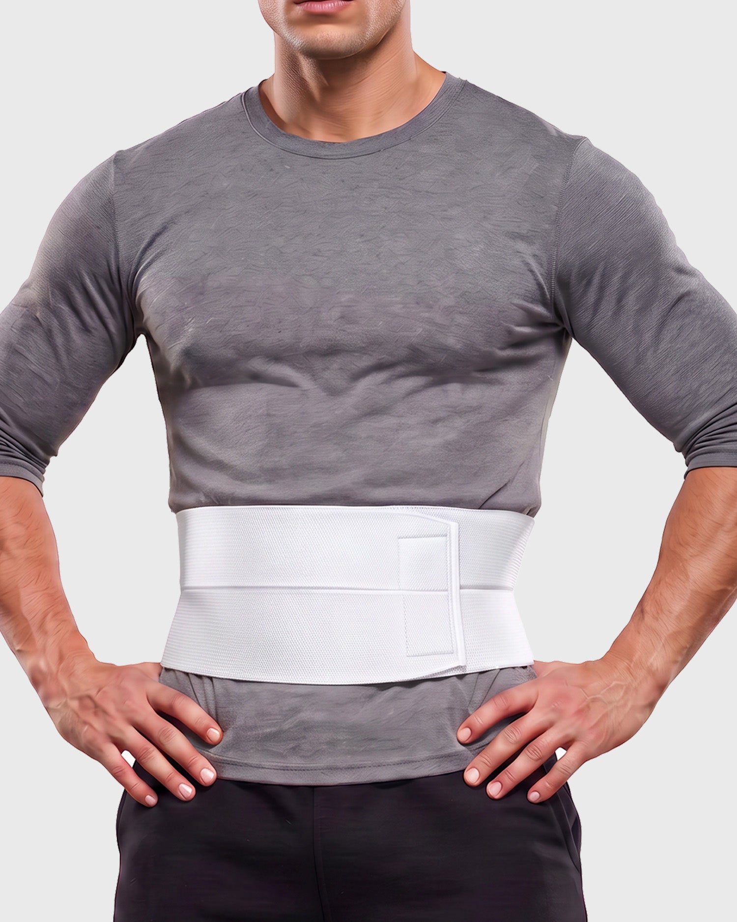 Frank Stubbs Universal 6-Inch Abdominal Binder on male model, front view, providing targeted lower abdominal compression and support