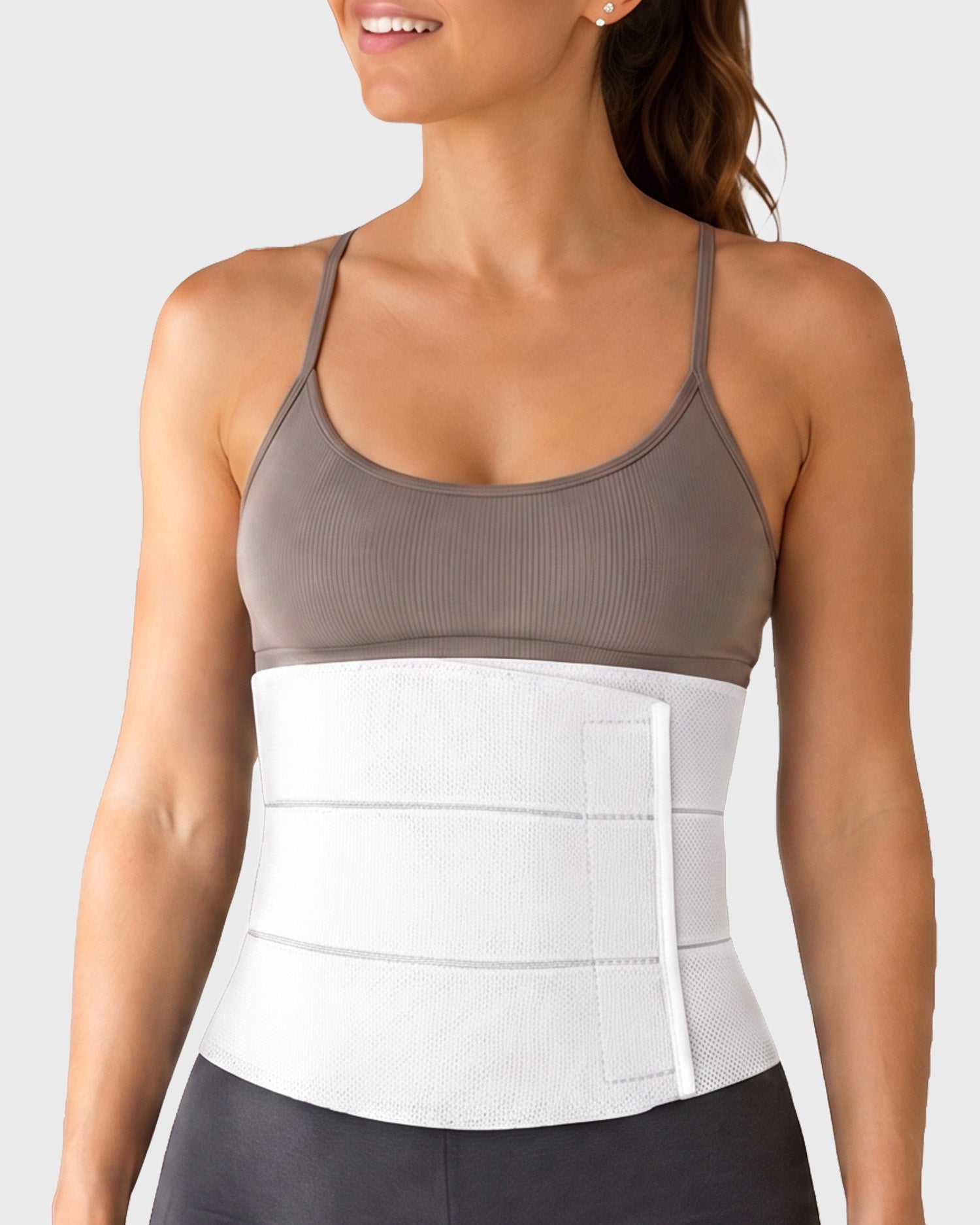 Frank Stubbs Universal Abdominal Binder 9" White - side angle highlighting adjustable hook-and-loop closure