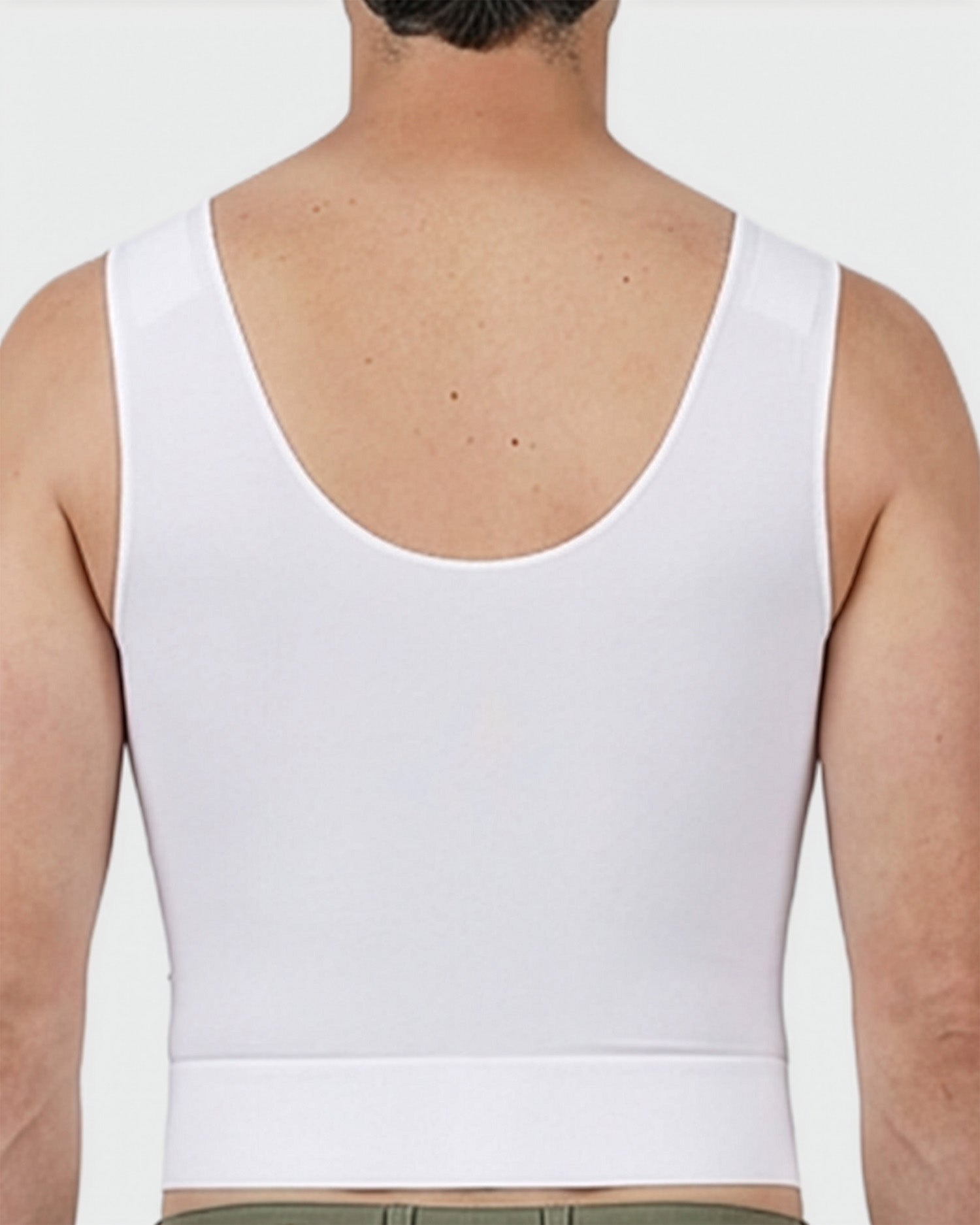 Back view of male compression vest with adjustable hook-and-loop closure for secure post-surgical support