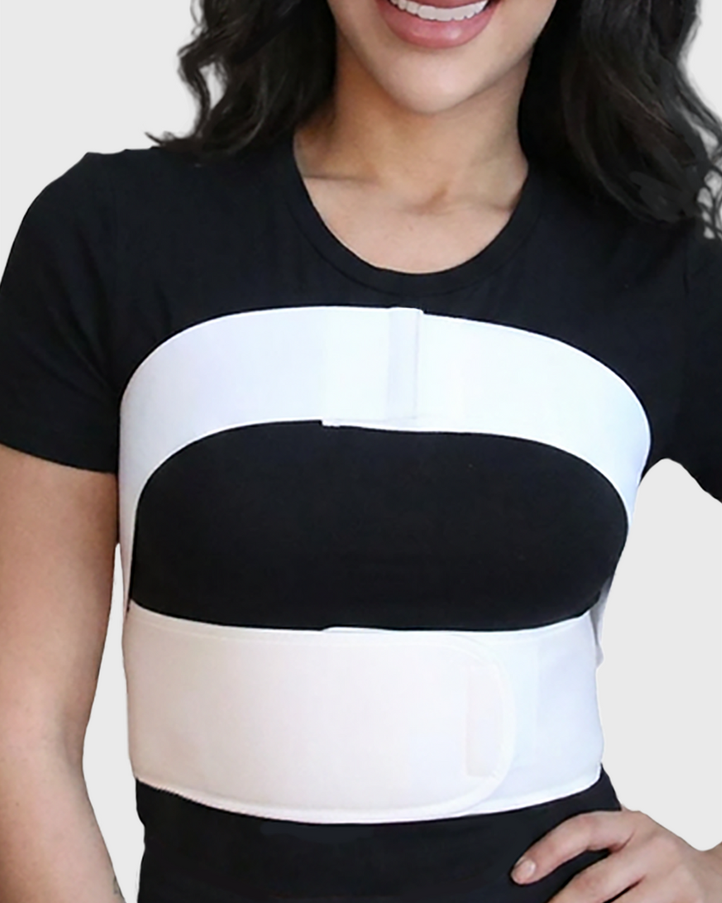 Front view of sub-pectoral breast augmentation wrap with dual-band compression support