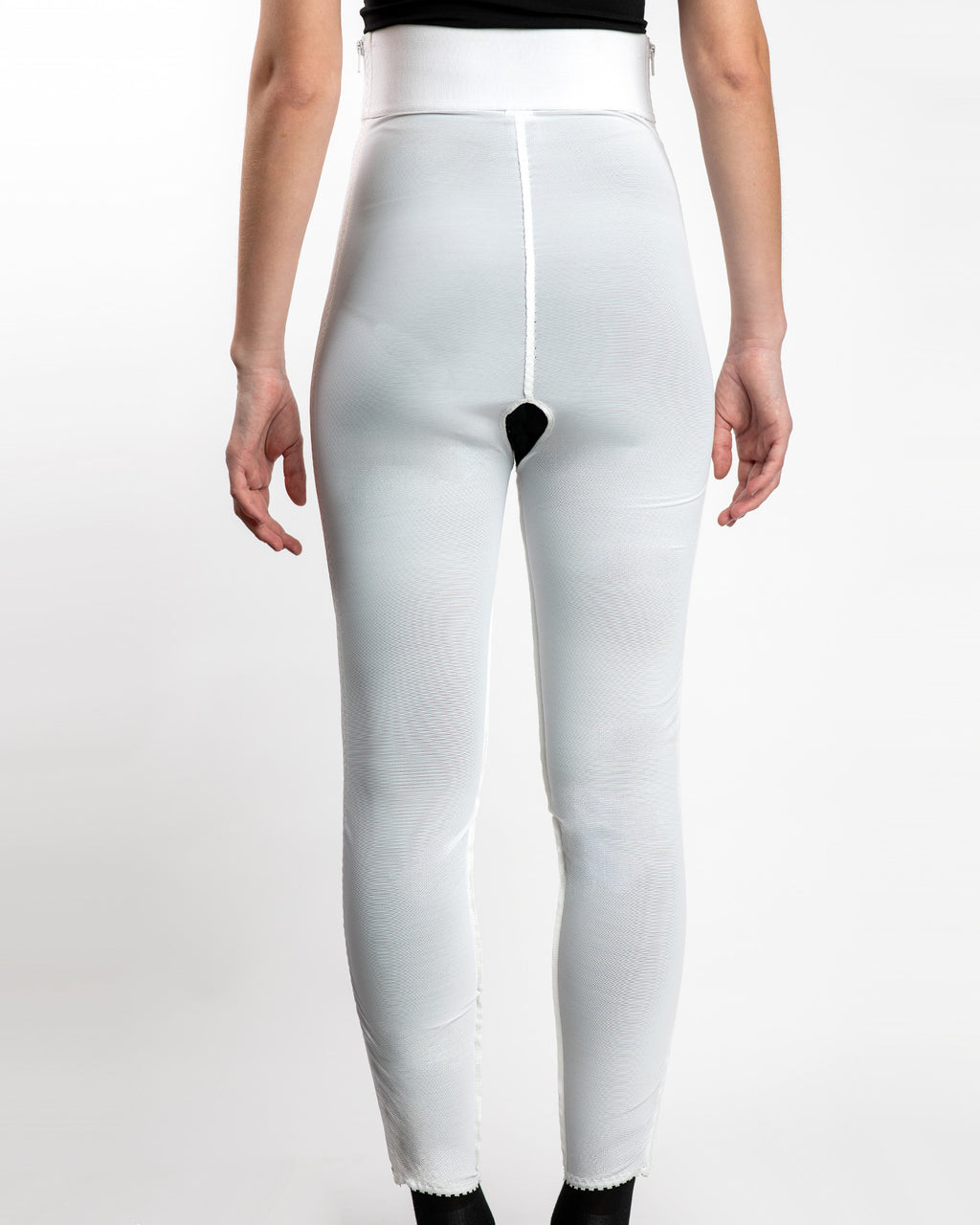 Rear view of white high waist ankle length compression girdle with hook and eye closure for post op recovery