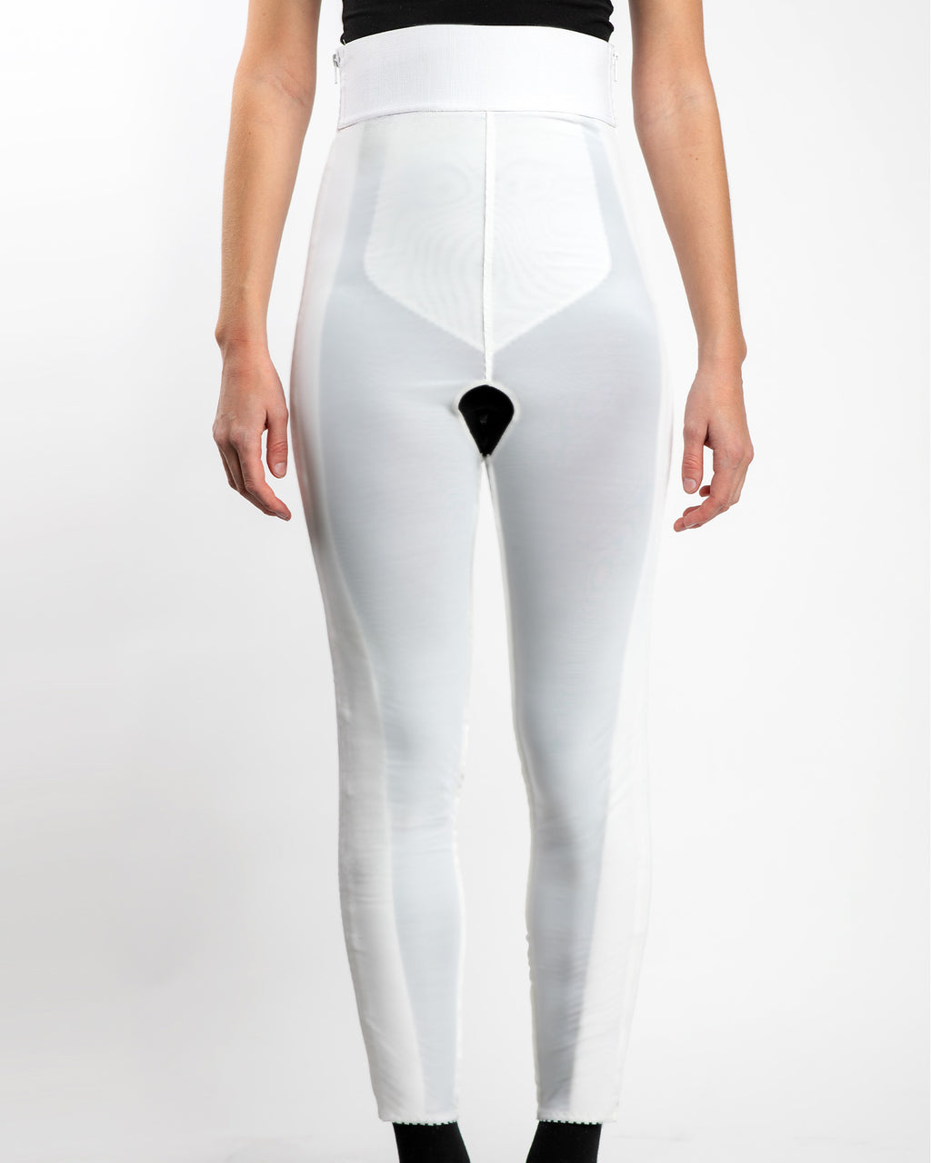Front view of white high waist ankle length compression girdle with hook and eye closure and front zipper for full leg post-surgical recovery
