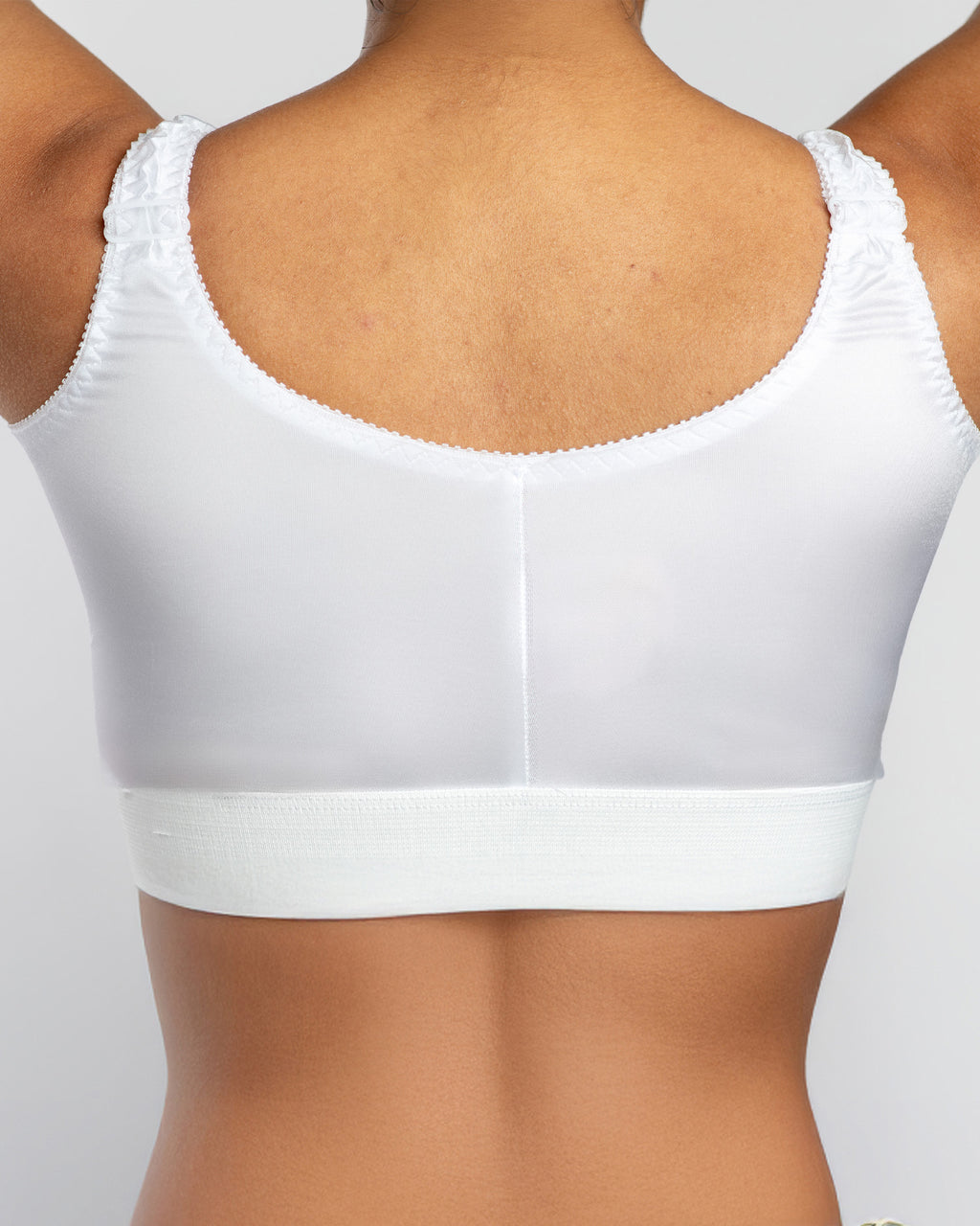 Rear view of longline post-surgical compression bra with full coverage support