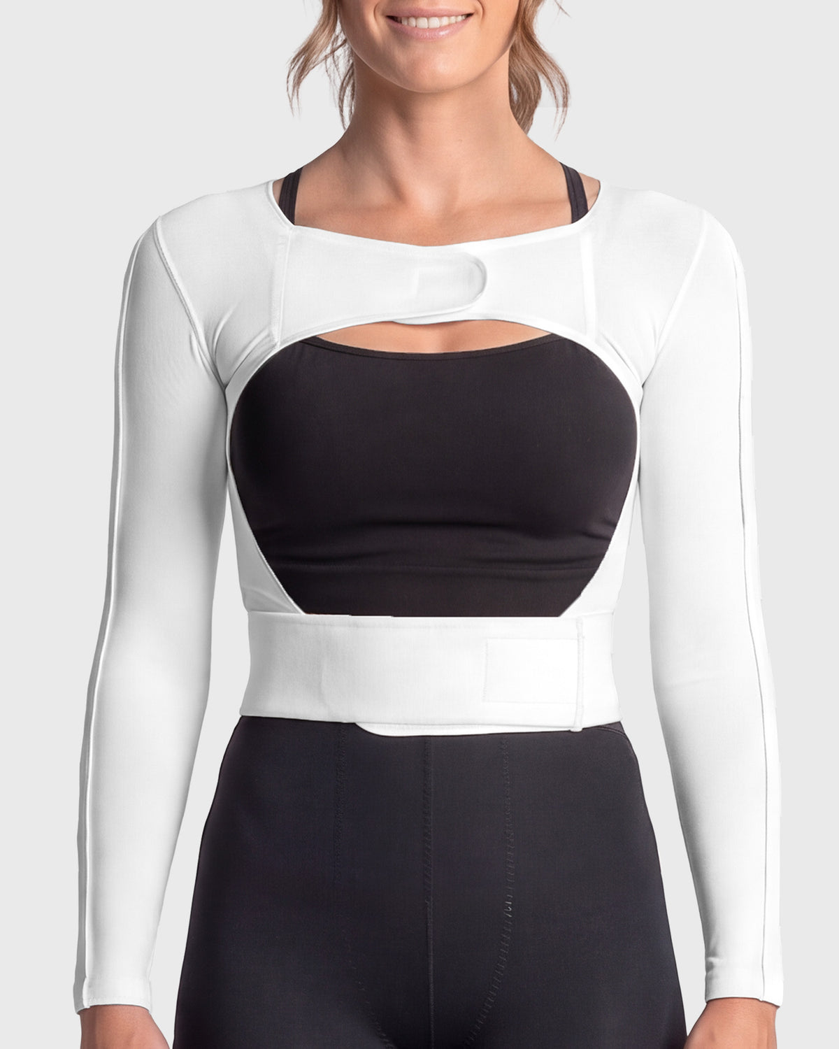 Front view of adjustable arm compression garment for post-surgical upper arm and brachioplasty recovery