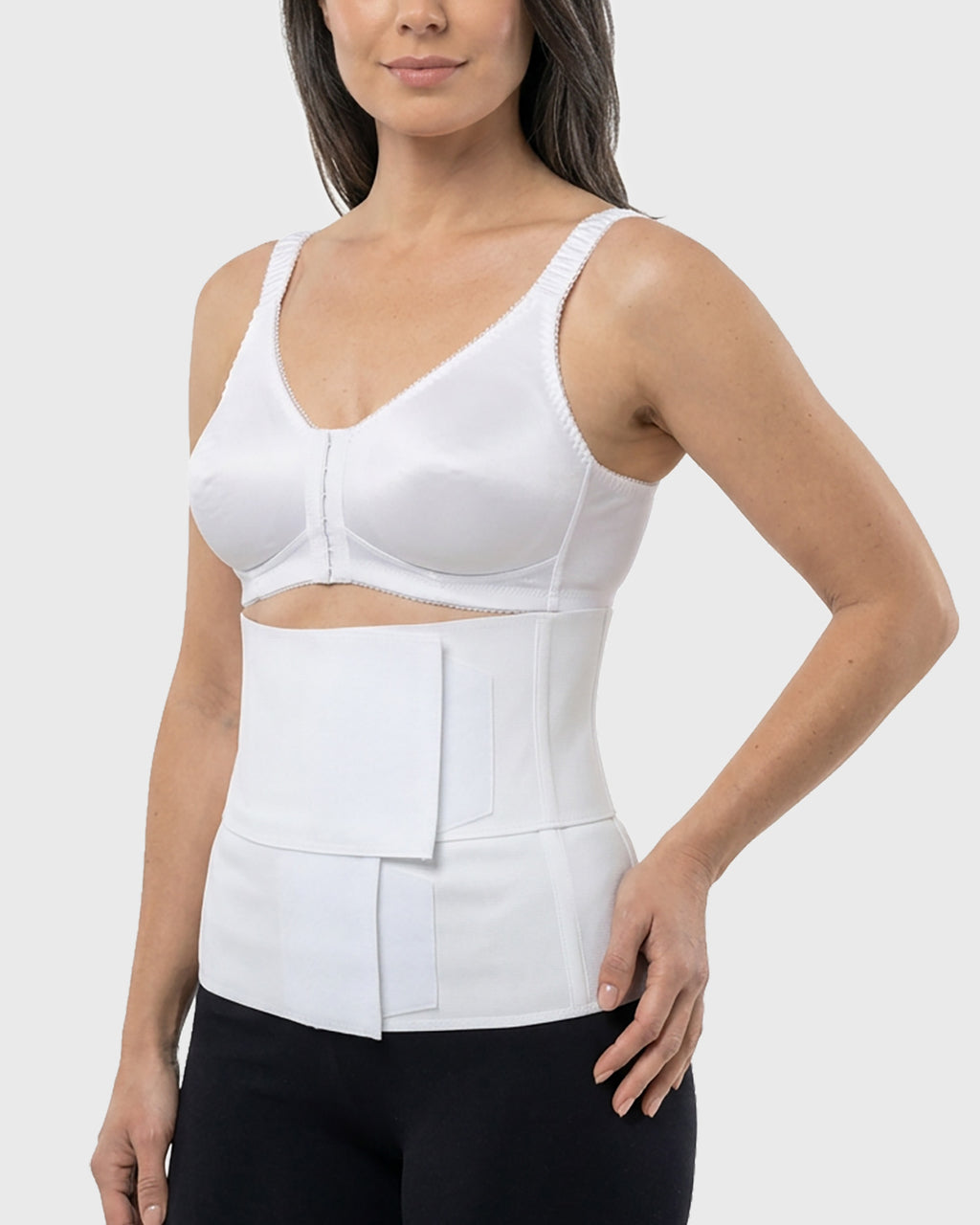 Side view of Frank Stubbs DIEP Flap Recovery Kit showing white compression bra and contoured abdominal binder.