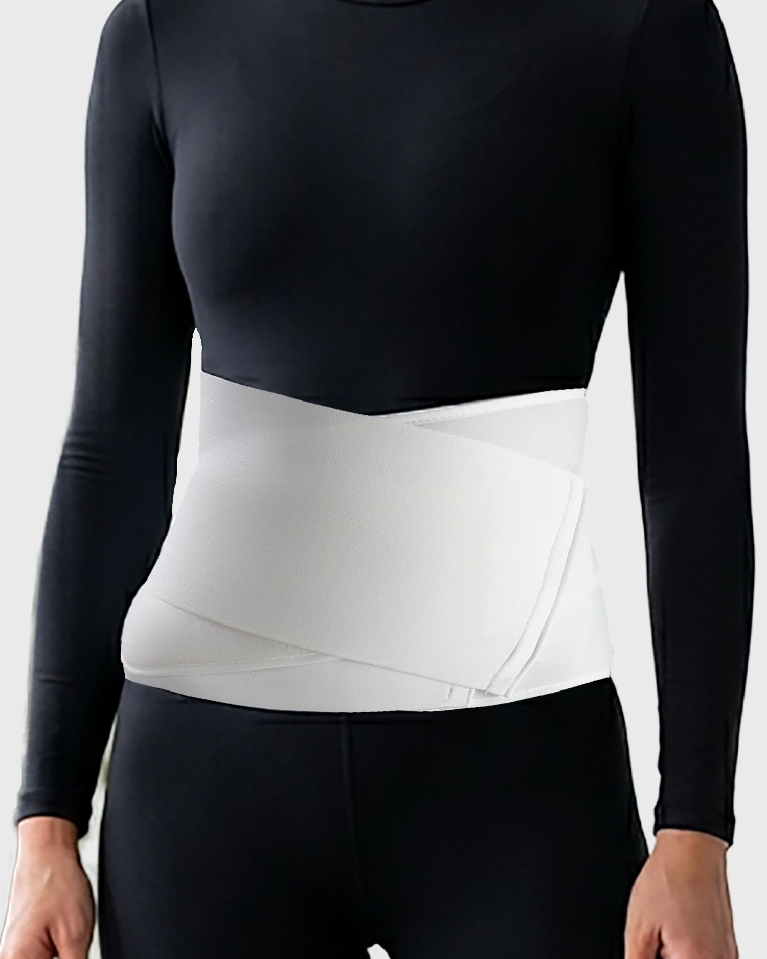Front view of postpartum abdominal binder with adjustable compression panels and breathable Flex-Support™ fabric for post-pregnancy and C-section recovery support.